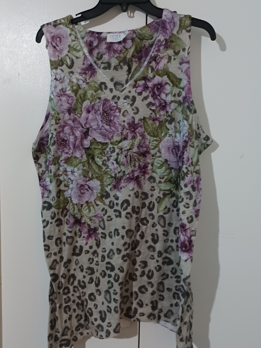 Time and Tru Floral and Leopard Print Sleeveless Tank Top - Purple and Green
